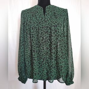 Women's MNG Blouse Top Shirt Black Green Animal Print Size 8